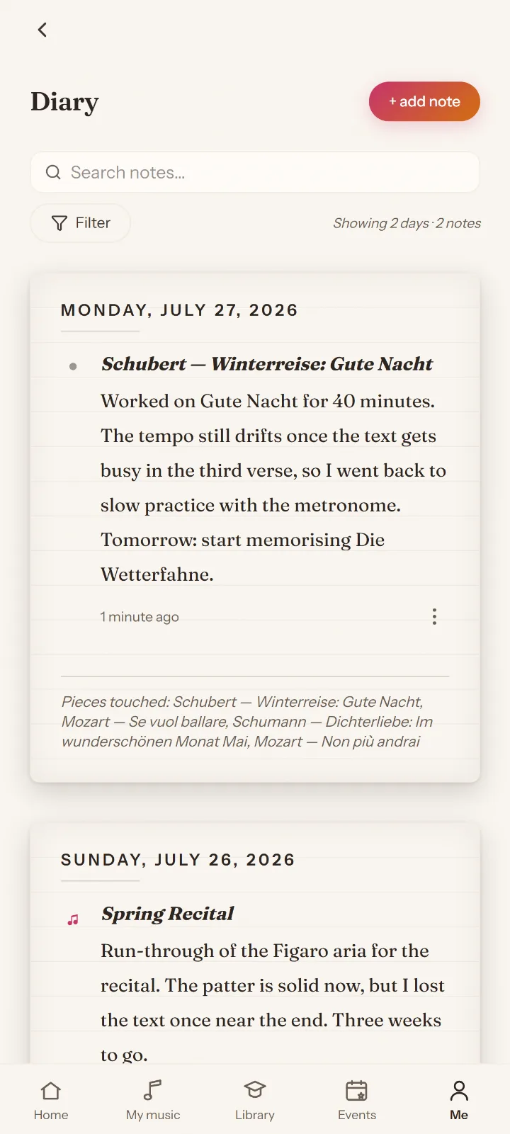 Concert Companion diary screen